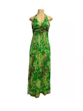 SUE WONG Vintage Silk Green Floral Halter Maxi Dress with Gold Threading SZ 4